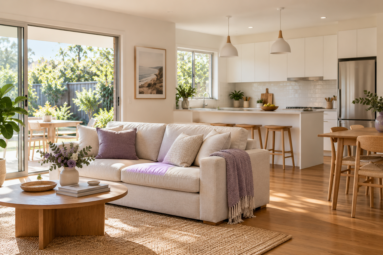 A bright, tidy living room and kitchen